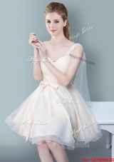 Cheap Champagne One Shoulder Bridesmaid Dress with Bowknot