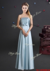 Comfortable Light Blue Strapless Long Bridesmaid Dress with Bowknot