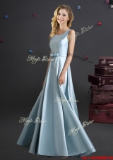 Discount Light Blue Square Long Bridesmaid Dress with Bowknot
