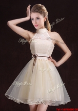 Exclusive See Through Belted Organza Short Bridesmaid Dress with Halter Top