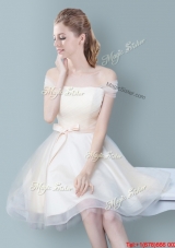 Low Price Bowknot Champagne Short Bridesmaid Dress with Off the Shoulder
