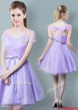 Romantic Lavender Short Bridesmaid Dress with Bowknot and Ruching