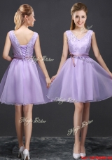 Fashionable Belted and Laced V Neck Short Prom Dress in Lavender