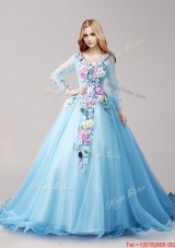 Classical V Neck Long Sleeves Baby Blue Quinceanera Dresses with Hand Made Flowers