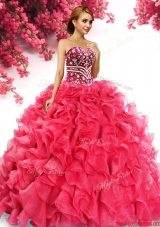 Lovely Beaded and Ruffled Red Quinceanera Dress in Organza