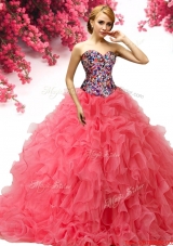 Perfect Big Puffy Coral Red Quinceanera Dress with Beading and Ruffles