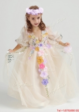 Cute Half Sleeves V Neck Champagne Flower Girl Dress with Appliques