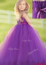 Eggplant Purple Flower Girl Dress with Handcrafted Flower and Bowknot