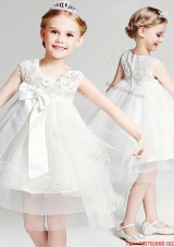 Exquisite Knee Length Flower Girl Dress with Appliques and Bowknot