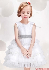 New Style Scoop White Flower Girl Dress with Ruffled Layers and Bowknot