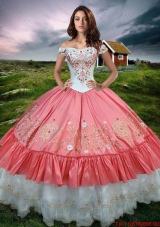2017 Gorgeous Off the Shoulder Watermelon Red and White Quinceanera Dress with Embroidery