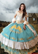 Elegant Laced Embroideried Aqua Blue and White Quinceanera Dress with Off The Shoulder