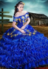 Western Style Top Seller Short Sleeves Royal Blue Quinceanera Dress with Embroidery and Ruffled Layers