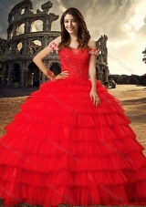 2017 Most Popular Beaded and Ruffled Layers Tulle Red Quinceanera Dress with Chapel Train