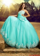 2017 New Style Really Puffy Strapless Bowknot and Laced Quinceanera Dress in Turquoise
