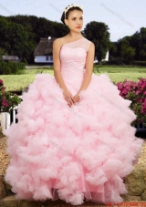 Affordable See Through One Shoulder Baby Pink Tulle Quinceanera Dress with Beaded Bodice
