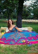 Western Theme Latest Big Puffy Embroideried and Beaded Blue Quinceanera Dress with Off the Shoulder