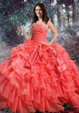Western Theme Top Seller Strapless Beaded and Ruffled Organza Quinceanera Gown in Coral Red