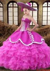 Beautiful Big Puffy Sweetheart Ruffled Organza Quinceanera Dress in Fuchsia