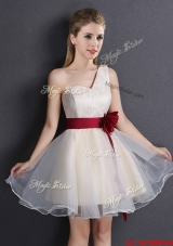 Latest Handcrafted Flower and Laced One Shoulder Champagne Prom Dress