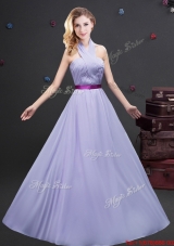 2017 Unique Purple Belt and Ruched Long Prom Dress with Halter Top