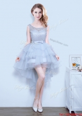 Best Bowknot and Ruffled Layers Grey Prom Dress in High Low