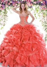 Beautiful Ruffled and Beaded Rust Red Quinceanera Dress in Organza