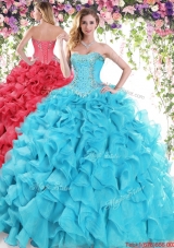 Exquisite Brush Train Beaded and Ruffled Sweet 16 Dress in Organza
