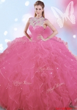 Affordable Big Puffy Beaded and Ruffled High Neck Quinceanera Dress