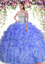 Elegant Really Puffy Beaded and Ruffled Quinceanera Dress in Lavender
