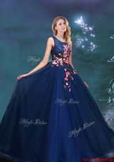 Exclusive Navy Blue Scoop Quinceanera Gown with Applique Decorated Bodice