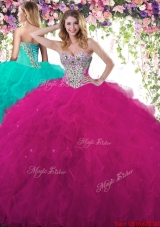 Exquisite Beaded and Ruffled Fuchsia Sweet 16 Dress in Tulle