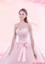 Hot Sale Brush Train Baby Pink Quinceanera Gown with Bowknot and Ruching