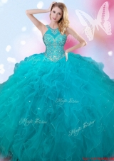 Inexpensive Beaded and Ruffled Teal Quinceanera Dress with Halter Top