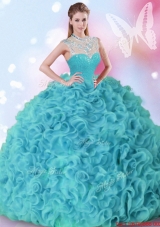 Latest Beaded and Ruffled High Neck Quinceanera Dress in Aquamarine