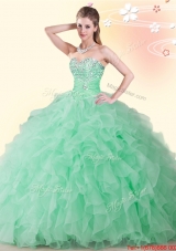 Lovely Really Puffy Beaded and Ruffled Quinceanera Dress in Apple Green