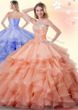 Low Price Beaded and Ruffled Orange Quinceanera Dress in Organza