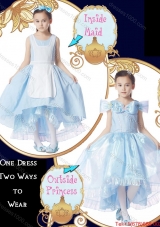 Fashionable Light Blue Bowknot Detachable Sleeves Halloween Little Girl Pageant Dress with Scoop