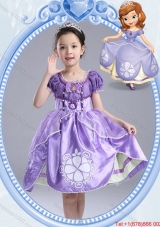 Halloween Fashionable Short Sleeves Lavender Little Girl Pageant Dress with Pattern and Bowknot