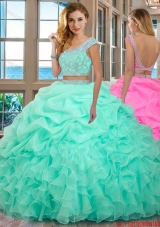 Puffy Scoop Organza Ruffled and Beaded Cap Sleeves Backless Mint Two Piece Quinceanera Dresses
