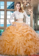 Cheap Beaded Laced Ruffled and Bubble Zipper Up Quinceanera Dress in Gold