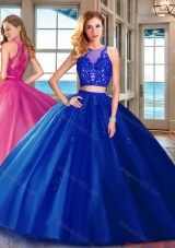 Cheap Two Piece Brush Train Applique Tulle Quinceanera Dress in Royal Blue