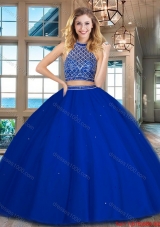 Discount Beaded Bodice Halter Top Backless Quinceanera Dress in Royal Blue