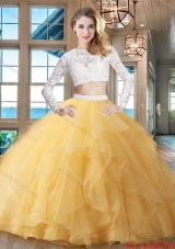 Exclusive Big Puffy Zipper Up Laced Ruffled Quinceanera Dress in Gold
