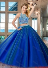 Unique Two Piece Royal Blue Open Back Quinceanera Dress in Tulle