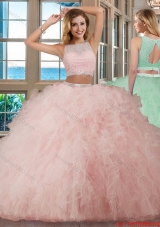 See Through Puffy Bateau Brush Train Open Back Pink Quinceanera Dresses with Sequins and Ruffles
