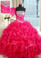 Affordable Strapless Organza Hot Pink Quinceanera Dress with Ruffles and Sequins