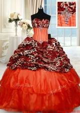 Latest Beaded Brush Train Orange Red Quinceanera Dress in Organza and Leopard