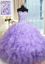 Lovely Visible Boning Ruffled and Beaded Bodice Organza Quinceanera Dress in Lavender