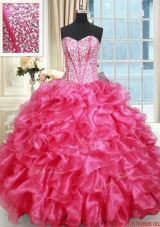 Luxurious Visible Boning Sweetheart Ruffled and Beaded Quinceanera Gown in Hot Pink